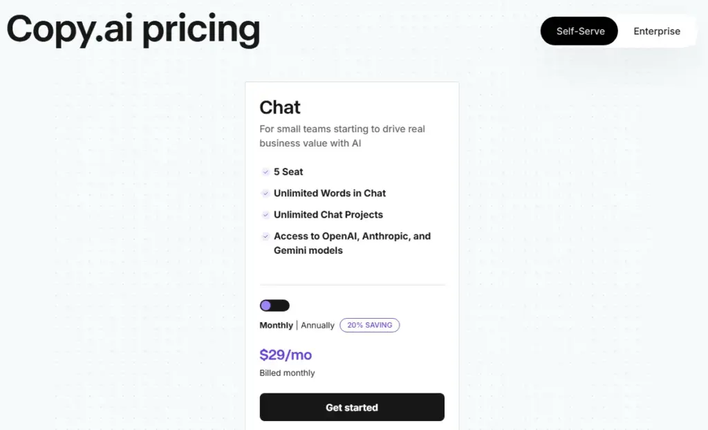Copy.ai pricing page showing Chat plan at $29 per month for 5 seats