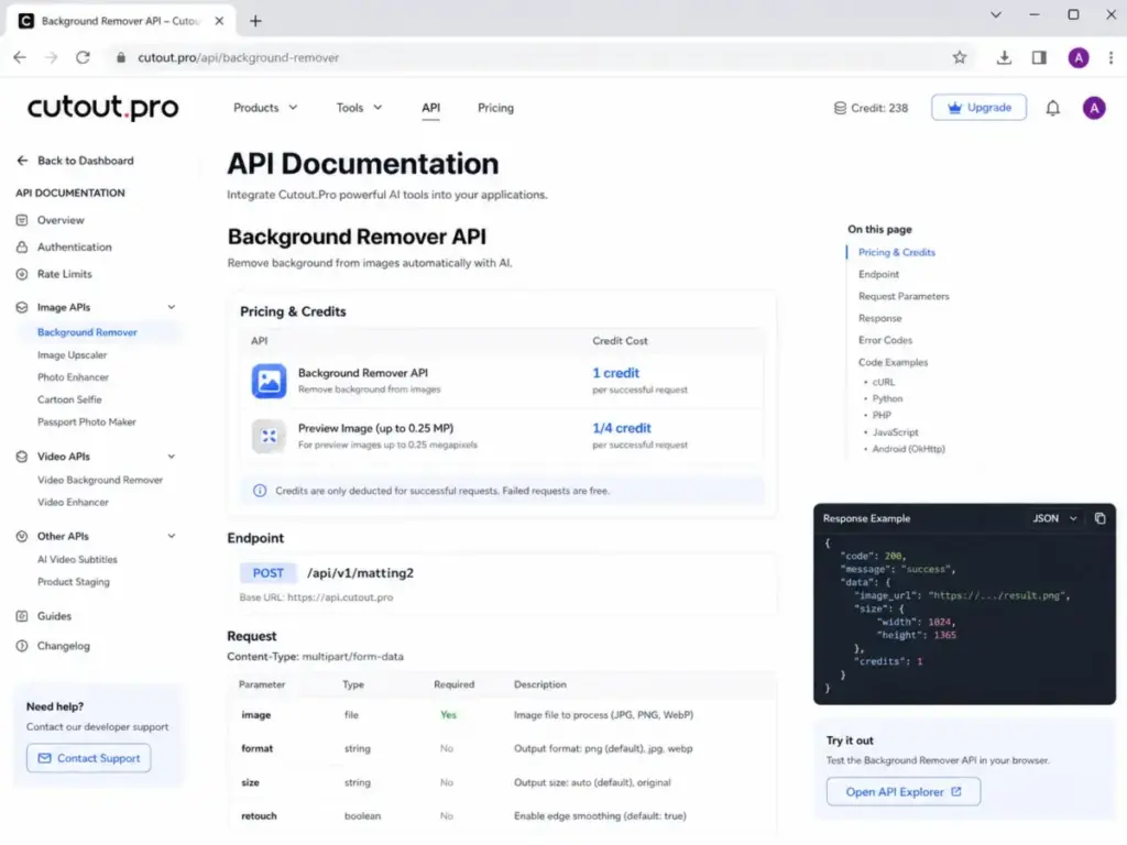 Cutout.Pro API documentation showing Background Remover API credit cost