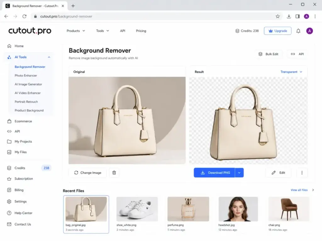 Cutout.Pro background remover showing an uploaded product image and the transparent PNG result
