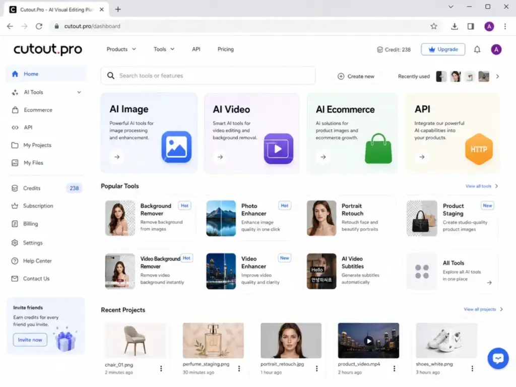 Cutout.Pro dashboard showing AI Image, AI Video, AI Ecommerce, and API categories