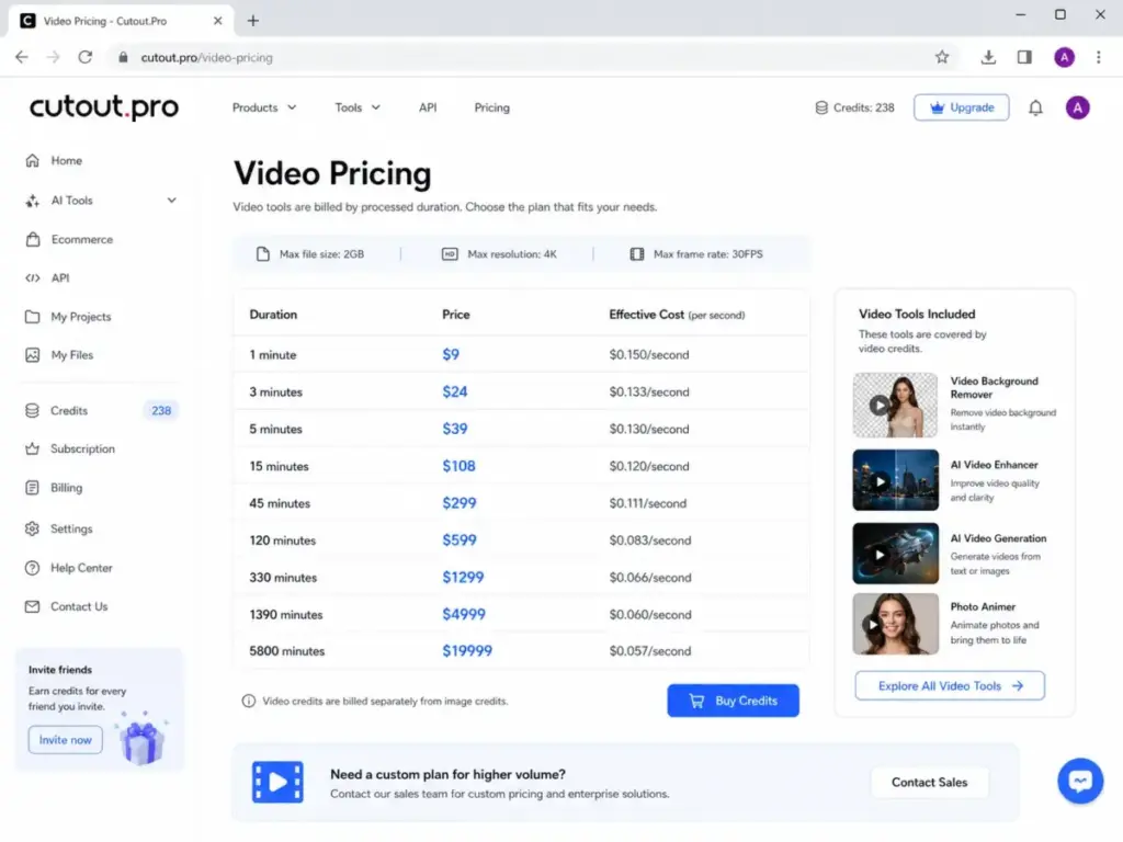 Cutout.Pro video pricing page showing per-second video pricing and 4K, 2GB, 30FPS limits