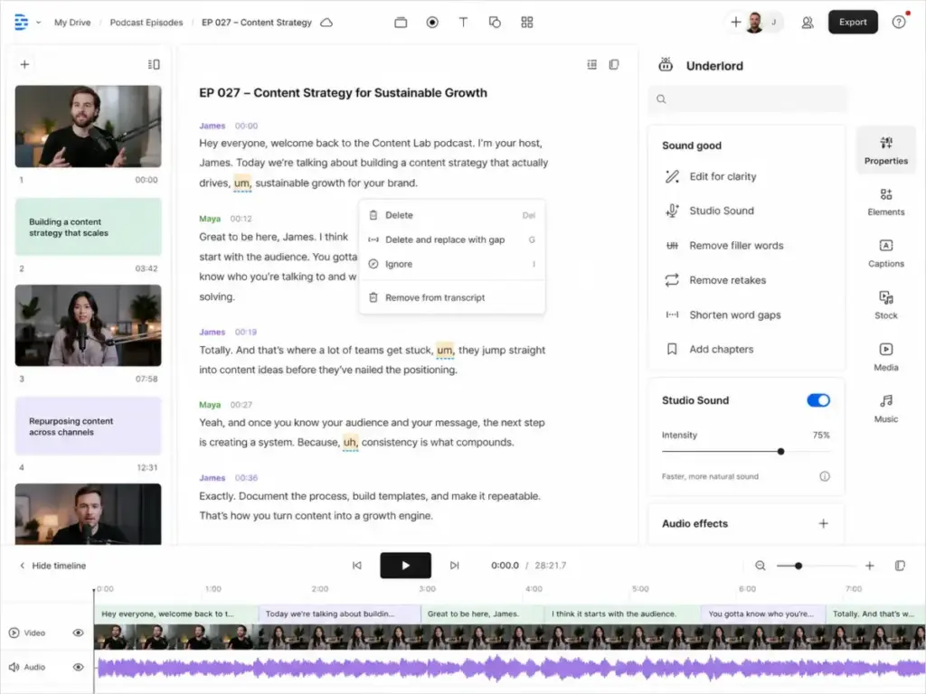 Descript text-based video editing workspace showing transcript editing, filler word removal, Studio Sound controls, timeline waveform, and export button.