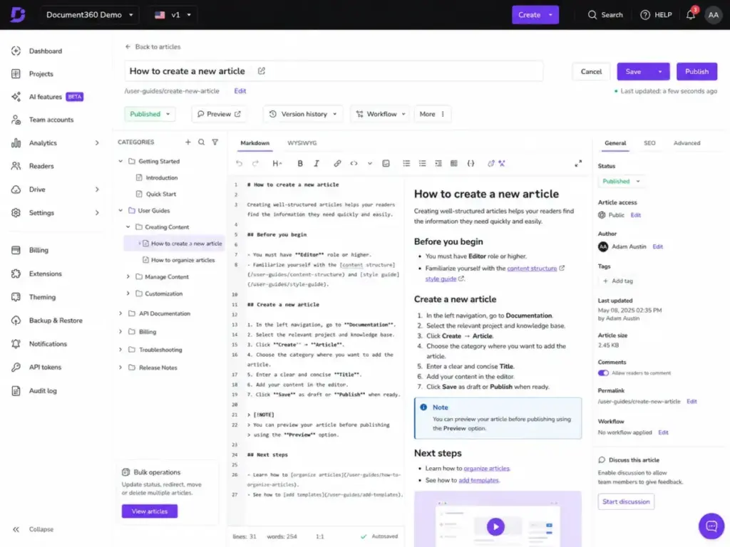 Document360 article editor showing Markdown and WYSIWYG panes, category tree, publishing controls, article settings, and workflow options.
