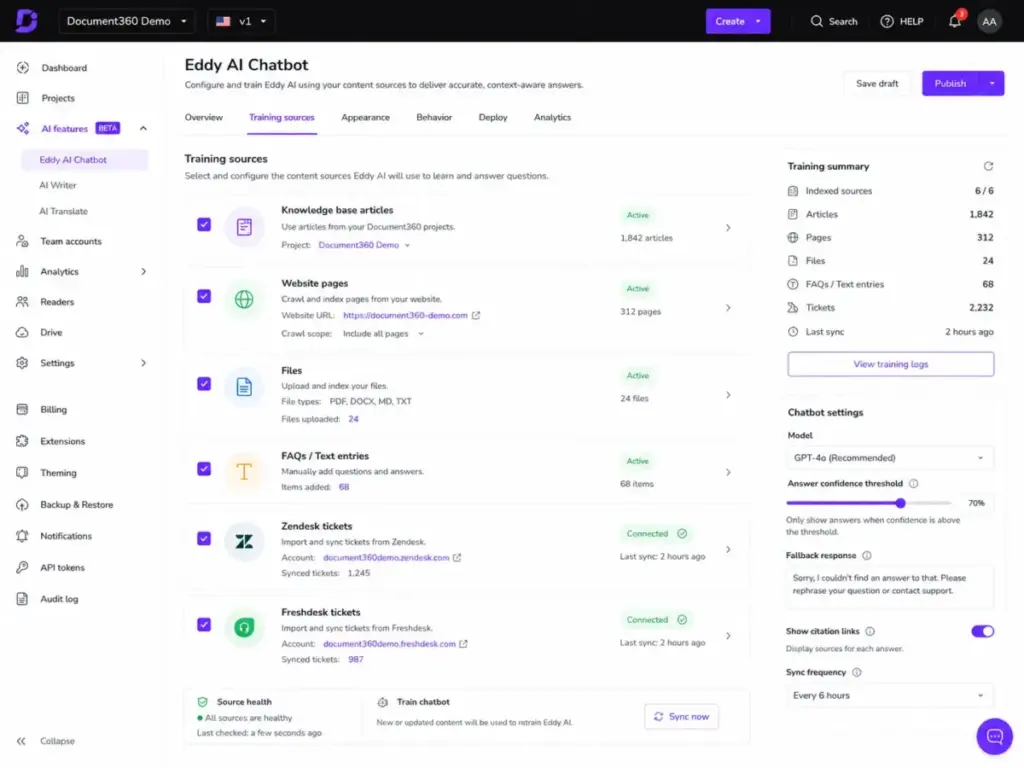 Document360 Eddy AI Chatbot configuration interface showing training sources for knowledge base articles, website pages, files, FAQs, Zendesk tickets, and Freshdesk tickets.