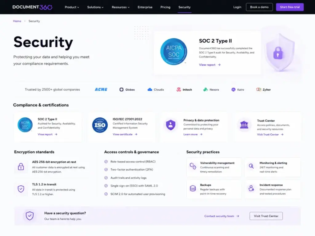 Document360 Security and Trust Center page showing SOC 2 Type II, ISO 27001, AES 256-bit encryption, TLS 1.2, SSO, SCIM, and compliance controls.