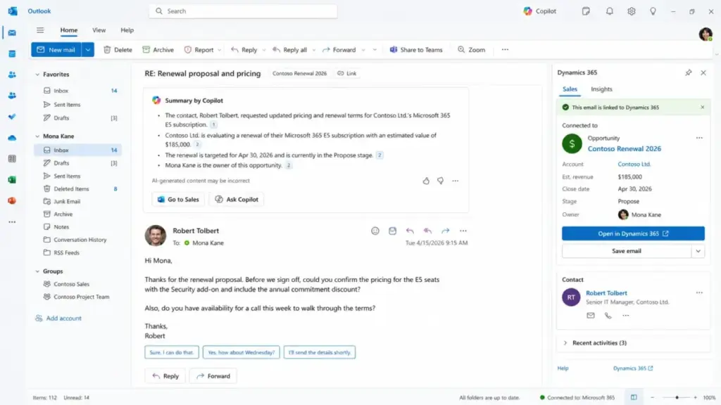 Dynamics 365 Sales Copilot inside Outlook showing an email summary, linked opportunity details, and CRM actions.