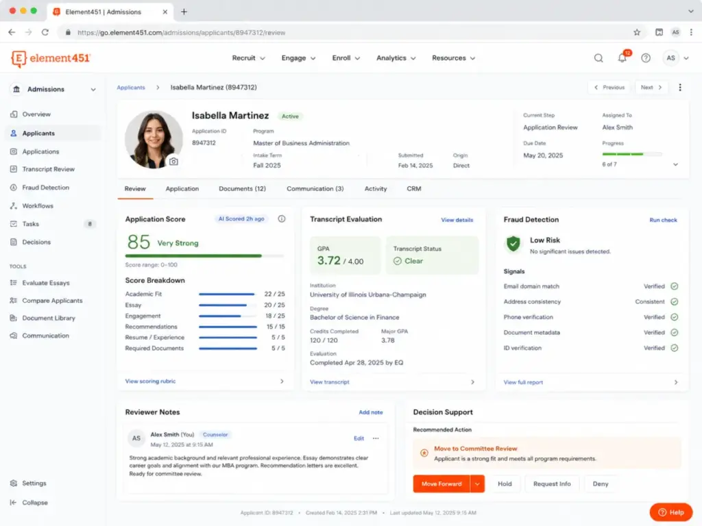 Element451 admissions dashboard showing application score, transcript evaluation, fraud detection, reviewer notes, and decision support for an applicant.