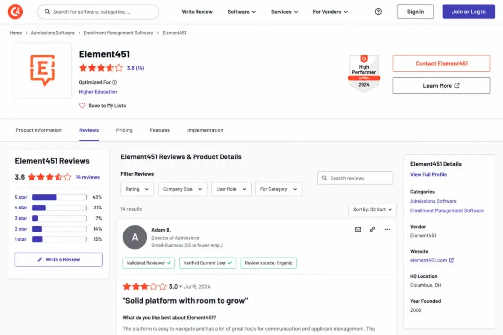 G2-style Element451 review page showing star rating, limited review count, review filters, product details, and third-party reviewer feedback.
