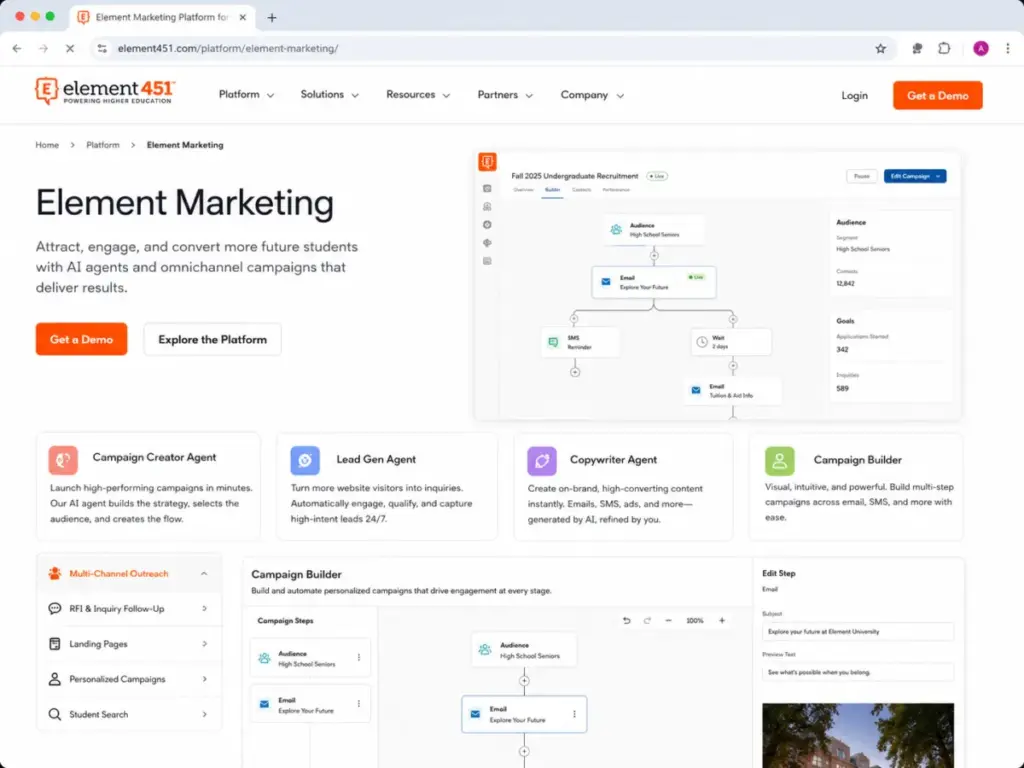 Element451 Marketing product page showing Campaign Creator Agent, Lead Gen Agent, Copywriter Agent, and campaign builder workflow for student recruitment.