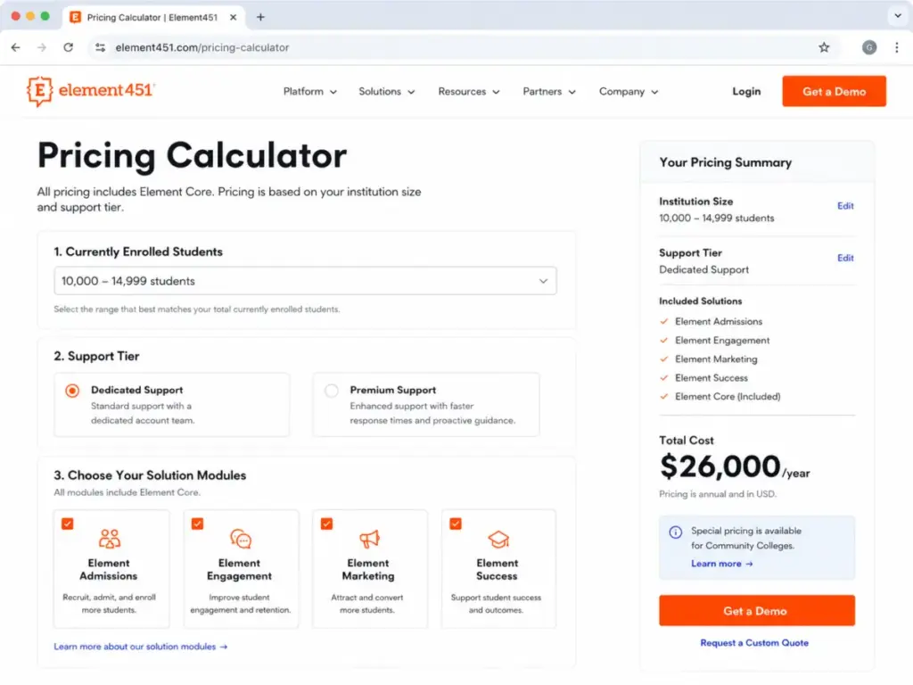 Element451 pricing calculator showing annual pricing, institution size selection, support tier options, included solution modules, and a total cost of $26,000 per year.
