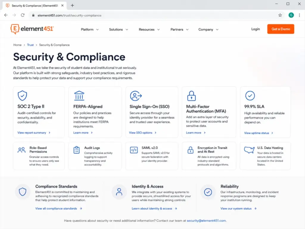 Element451 security and compliance page showing SOC 2 Type II, FERPA alignment, SSO, MFA, role-based permissions, audit logs, and 99.9% SLA.