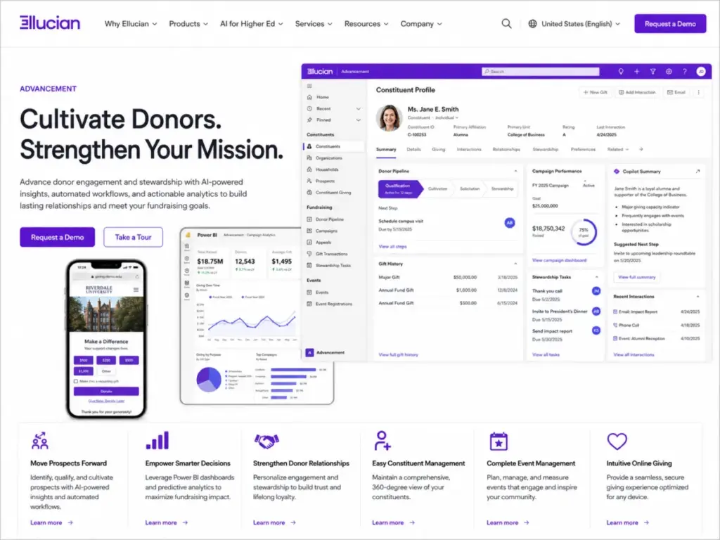 Ellucian CRM Advance Advancement product hero showing AI-powered donor engagement, Power BI dashboards, Copilot summary, constituent management, event management, and online giving.
