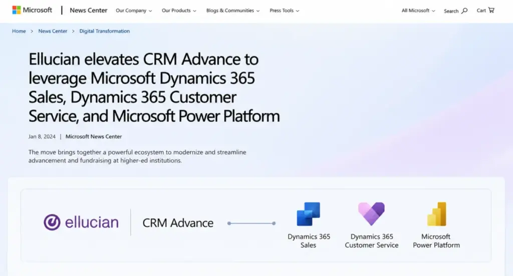 Microsoft News Center-style announcement showing Ellucian CRM Advance upgrade to Microsoft Dynamics 365 Sales, Dynamics 365 Customer Service, and Microsoft Power Platform.