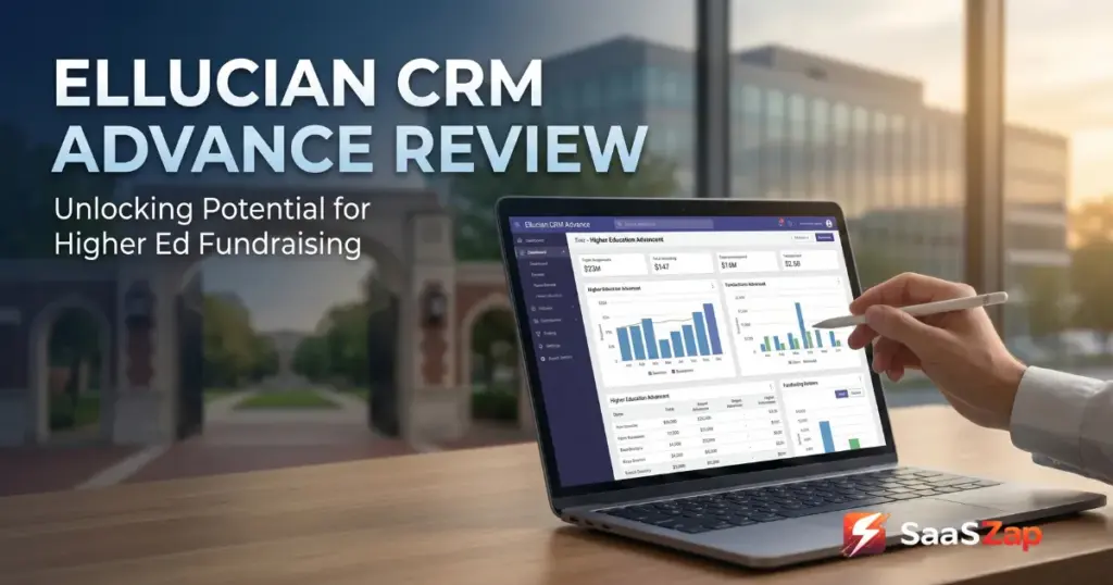 Ellucian CRM Advance Review cover image showing a higher education fundraising dashboard on a laptop with university campus background.