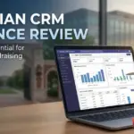 Ellucian CRM Advance Review cover image showing a higher education fundraising dashboard on a laptop with university campus background.