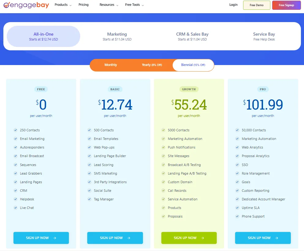 EngageBay All-in-One pricing page showing Free, Basic, Growth, and Pro plans with the free plan and biennial pricing.