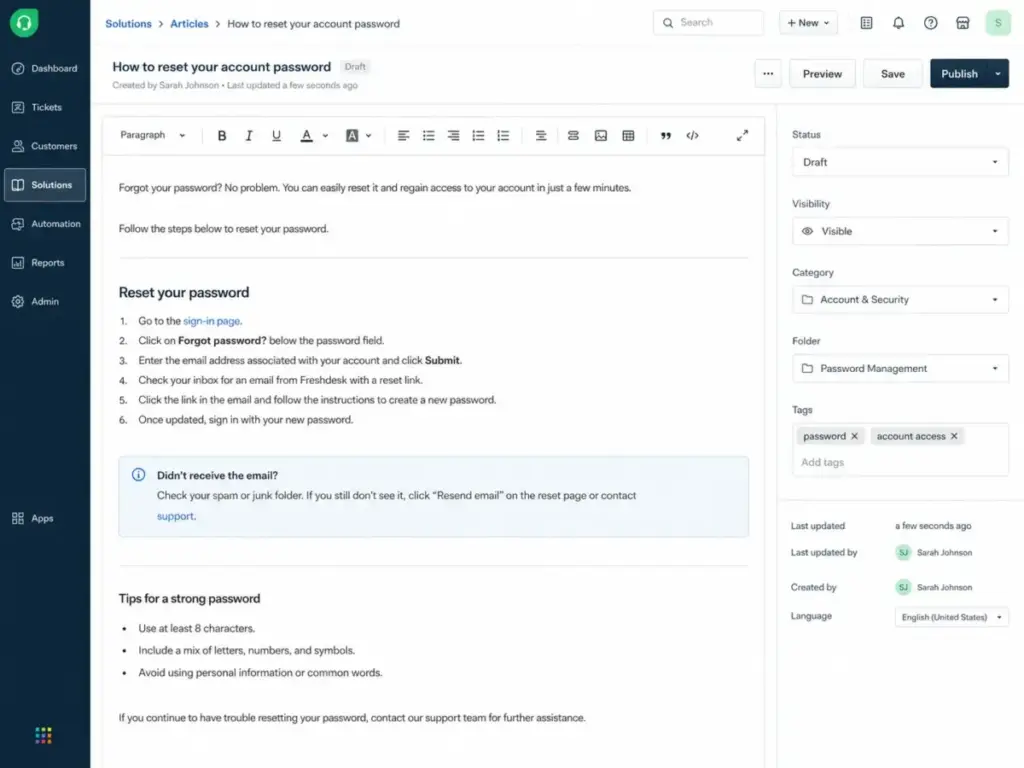 Freshdesk knowledge base editor showing article content, Solutions navigation, status settings, category, folder, and publishing controls