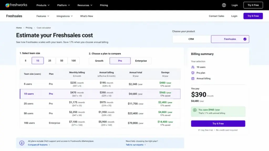 Freshsales cost calculator showing annual discount versus monthly rates for different team sizes.