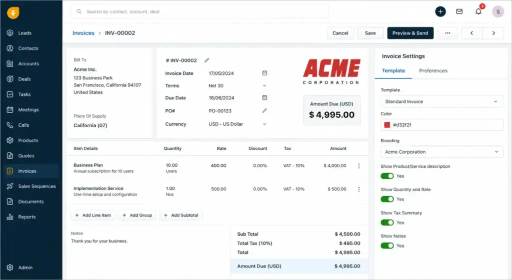 Freshsales CPQ invoice creation page with invoice settings and template options.