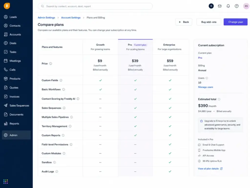 Freshsales feature comparison matrix inside the customer portal showing Growth, Pro, and Enterprise plan differences.