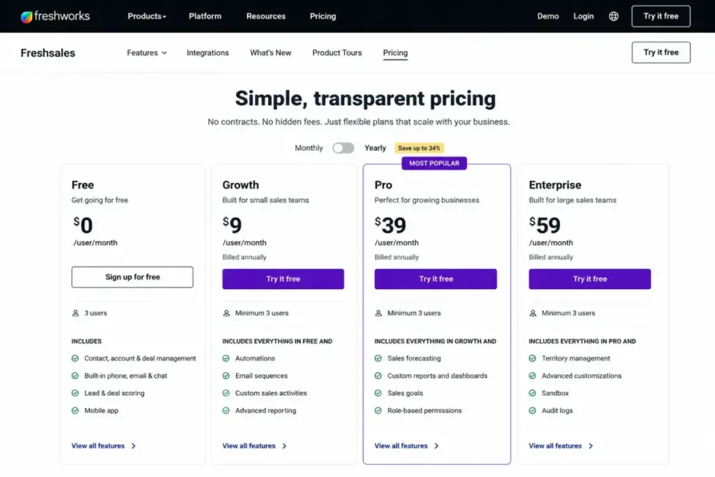 Freshsales pricing page showing Free plan at $0 for 3 users, Growth at $9, Pro at $39, and Enterprise at $59