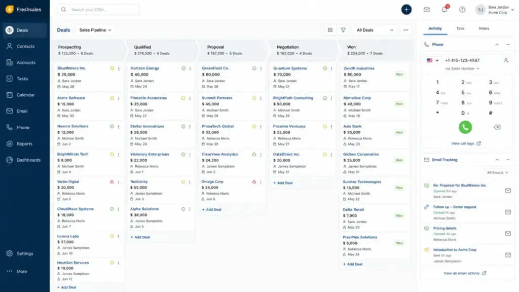 Freshsales Growth plan Kanban pipeline with built-in phone dialer and email tracking panel