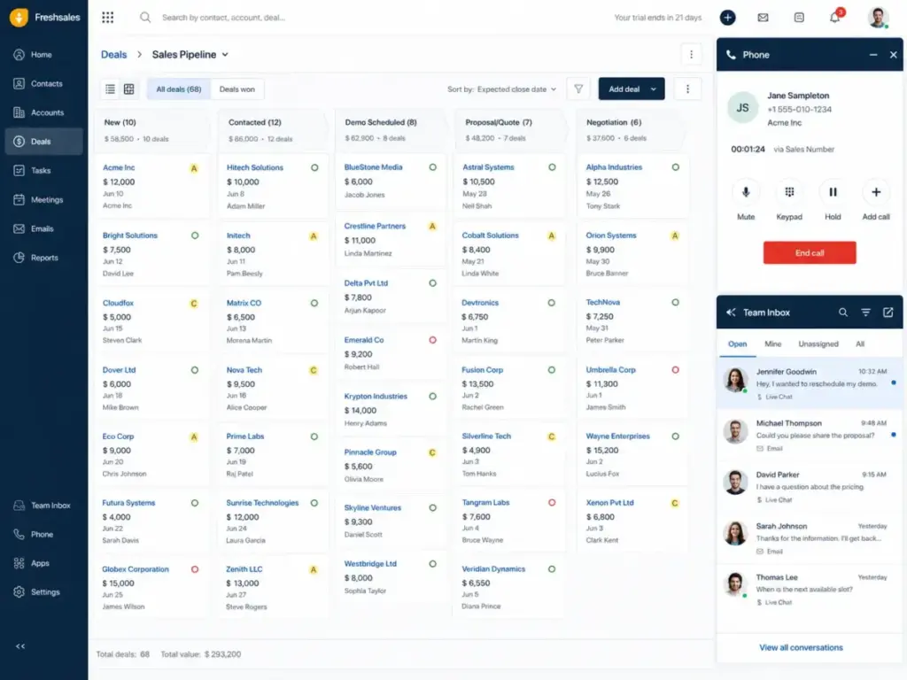 Freshsales Kanban pipeline view with built-in phone and team inbox chat panels