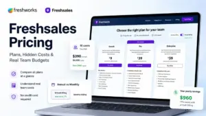 Freshsales Pricing featured image showing plan comparison, annual billing savings, and real team budget overview.