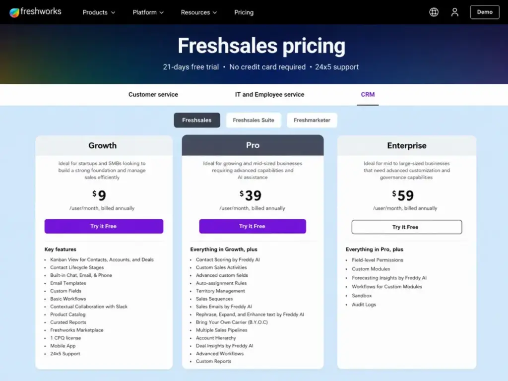Freshsales pricing table showing Growth, Pro, and Enterprise plan costs for 2026.