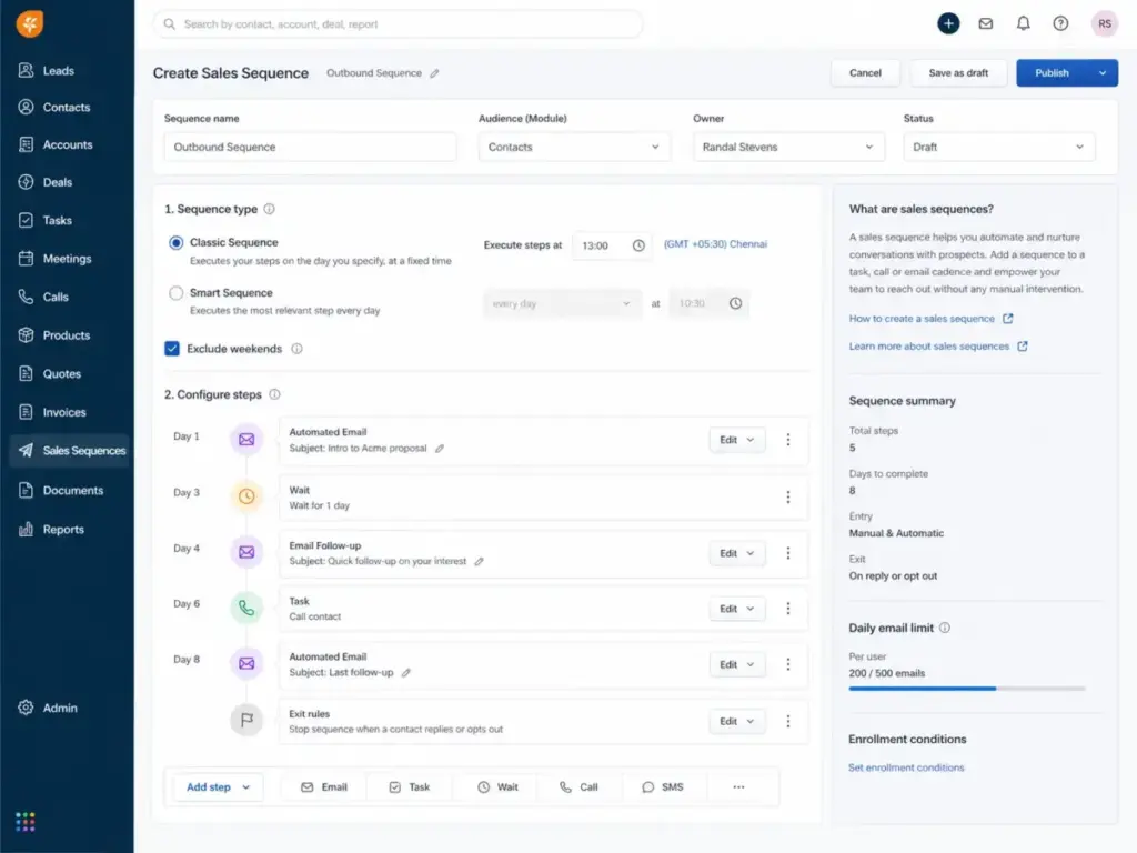 Freshsales sales sequences configuration screen with automated email steps, wait actions, tasks, and sequence settings.
