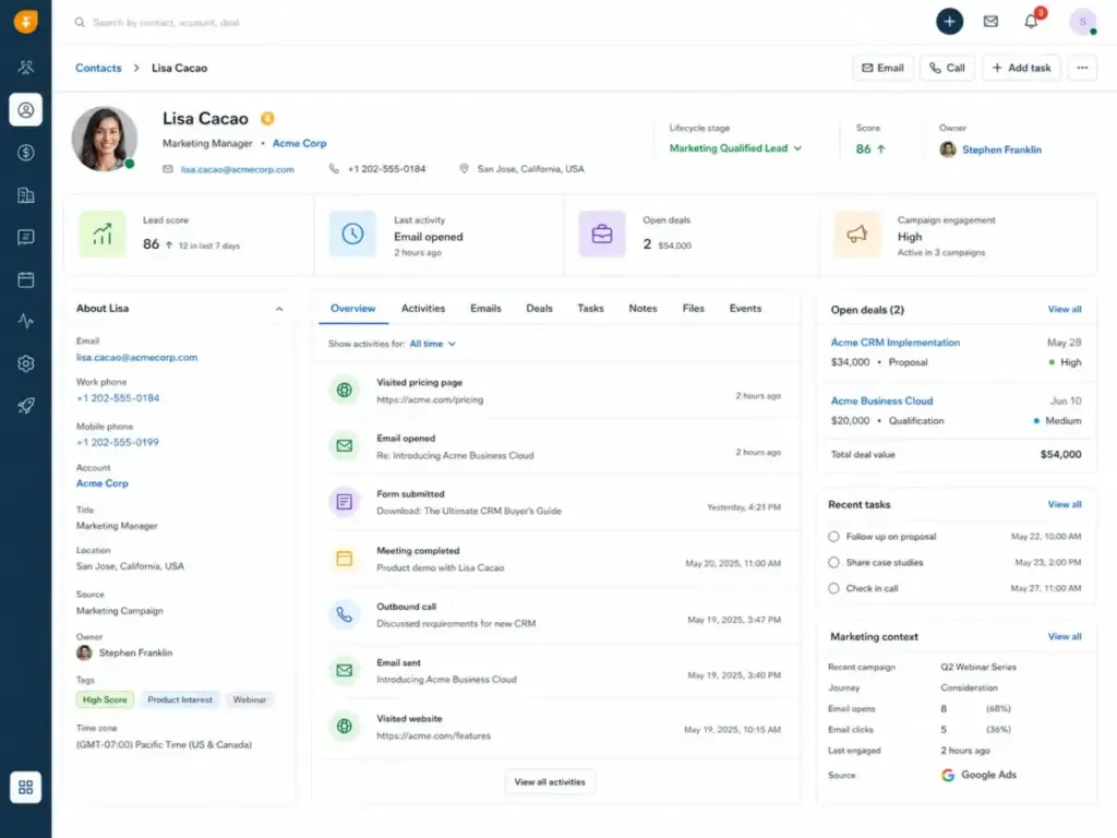 Freshsales Suite Customer 360 view showing contact details, lead score, campaign engagement, open deals, tasks, and marketing activity.