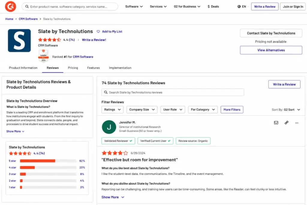 G2 Slate by Technolutions review page showing 4.4 rating, 74 reviews, review summary, and user feedback about Reader, reporting, and training limitations.