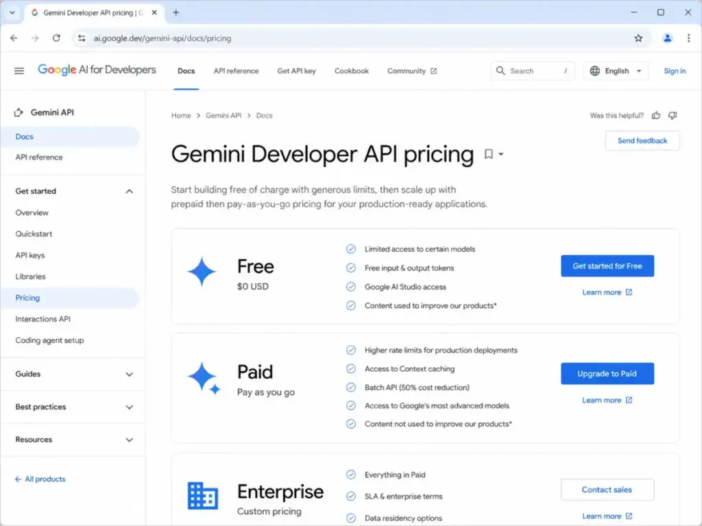 Gemini Developer API pricing page showing Free, Paid, and Enterprise tiers in Google AI for Developers documentation.