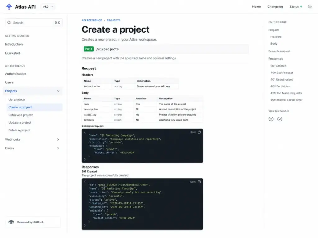 GitBook documentation site showing API reference navigation, endpoint details, request parameters, and code examples