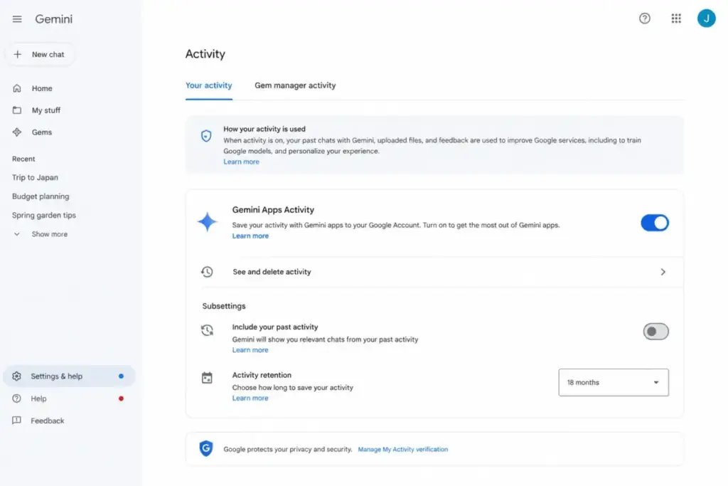 Google Gemini Apps Activity privacy settings screen showing activity retention, auto-delete controls, and data management options.