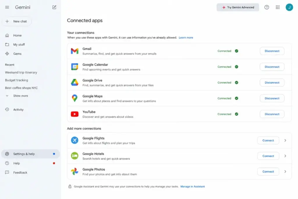 Google Gemini Connected Apps settings showing Gmail, Drive, Calendar, YouTube, Google Photos, and app permission toggles.