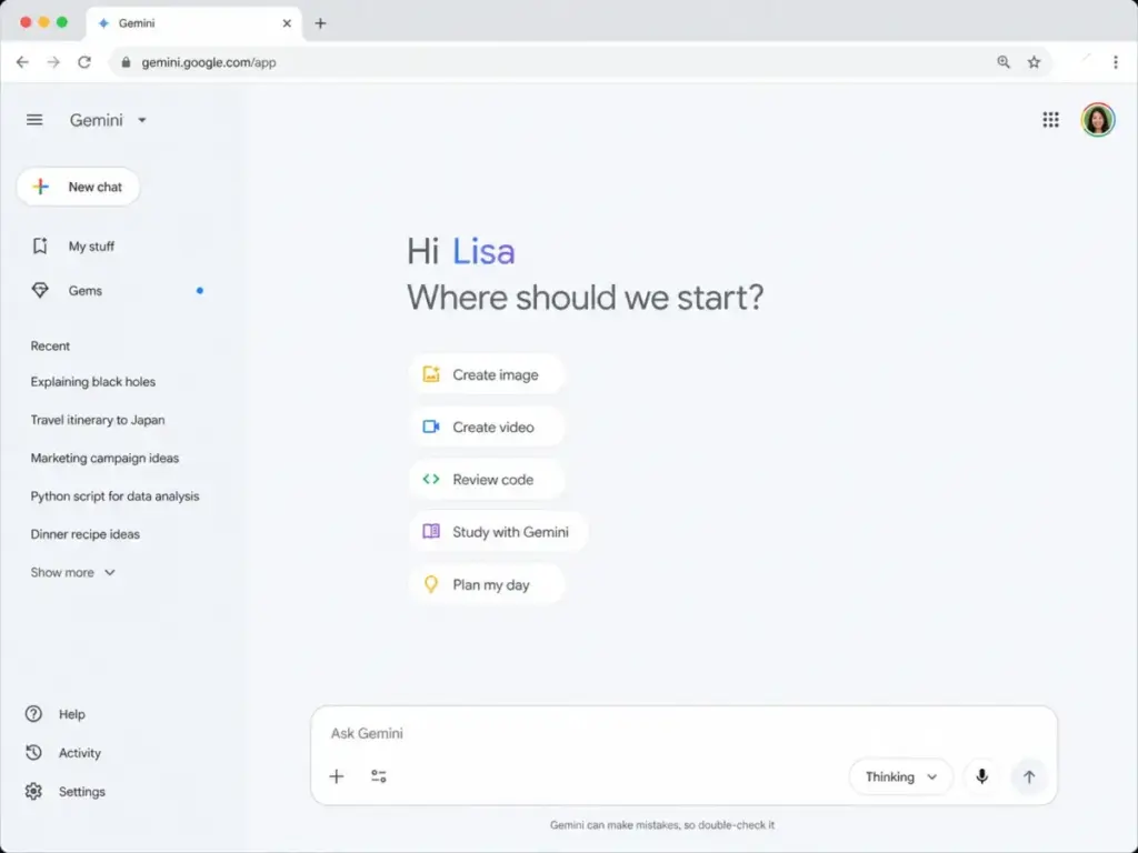 Google Gemini home interface showing prompt bar, left navigation, model selector, and clean AI assistant dashboard.