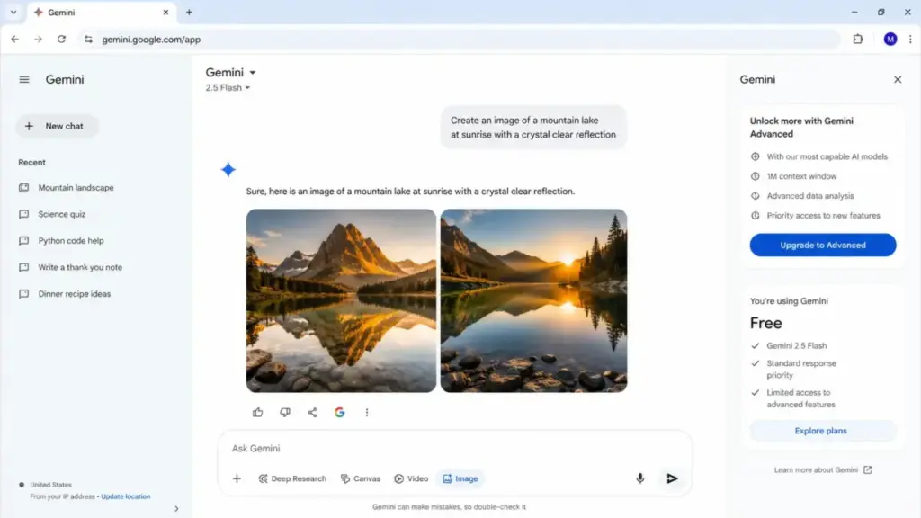 Google Gemini image generation interface showing a prompt, generated image results, free tier status, and upgrade options