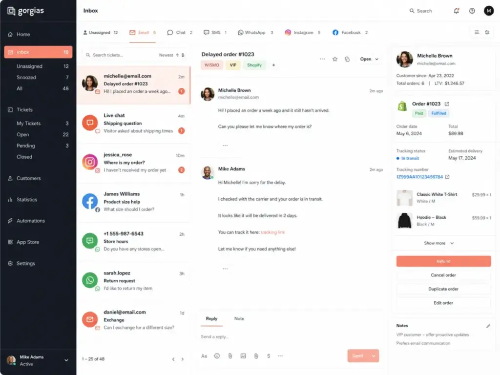 Gorgias dashboard showing an omnichannel inbox with a delayed Shopify order ticket and customer order details.
