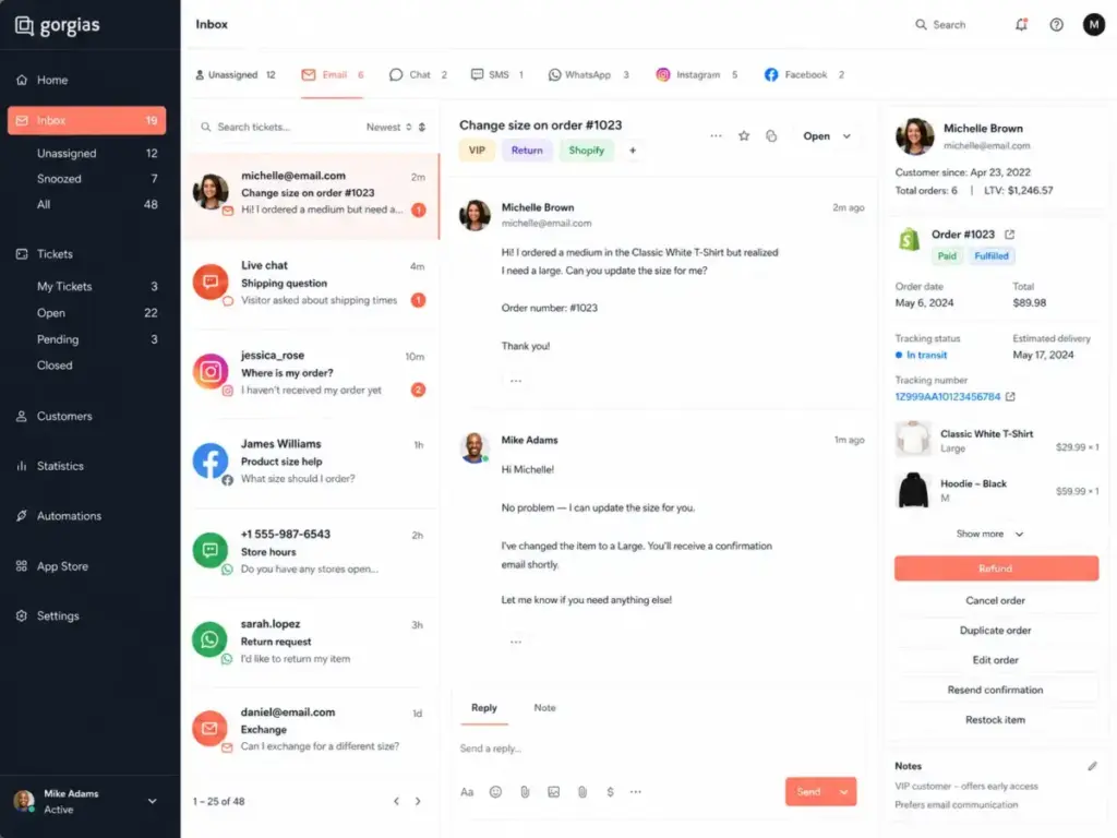 Gorgias Shopify integration showing a support ticket with in-ticket order actions like refund, cancel, duplicate, edit, and restock.