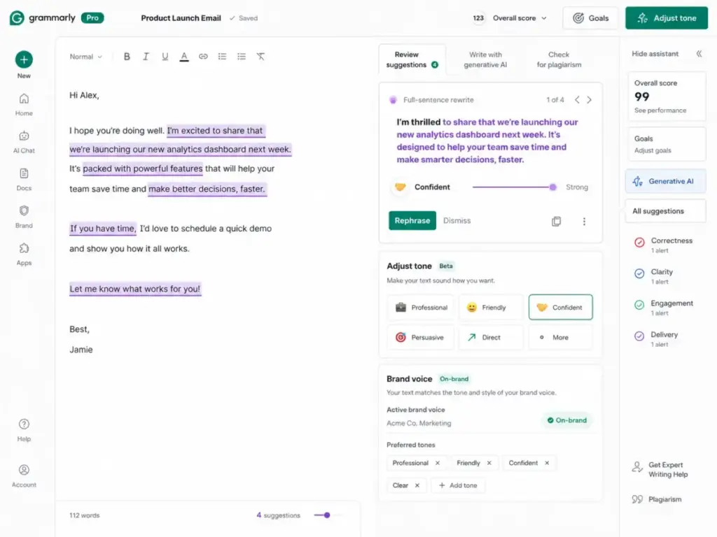 Grammarly Pro editing interface showing full-sentence rewrite suggestions, tone adjustment controls, and brand voice settings for a marketing email draft.