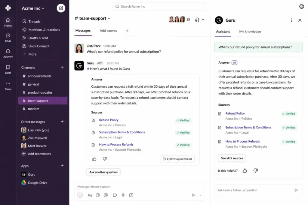 Guru AI knowledge search inside Slack showing cited answers, source cards, and verified internal knowledge