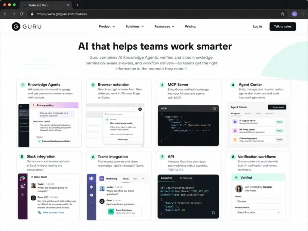 Guru features page showing Knowledge Agents, browser extension, MCP Server, Agent Center, Slack integration, Teams integration, API, and verification workflows.