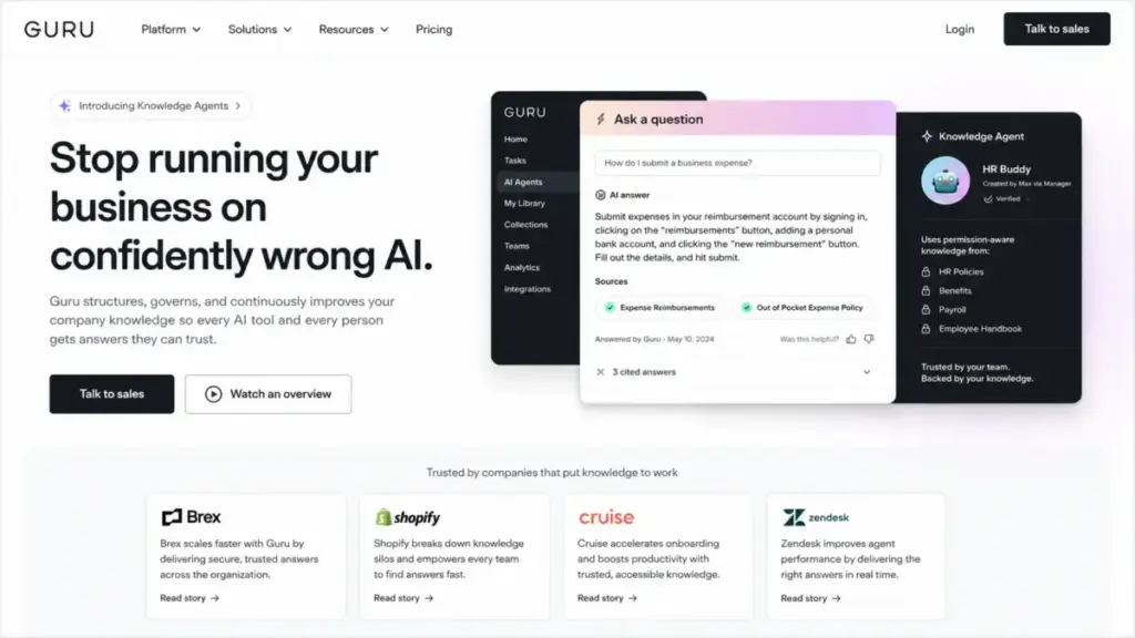 Guru homepage screenshot showing AI Knowledge Agents, verified answers, cited sources, and permission-aware knowledge positioning.