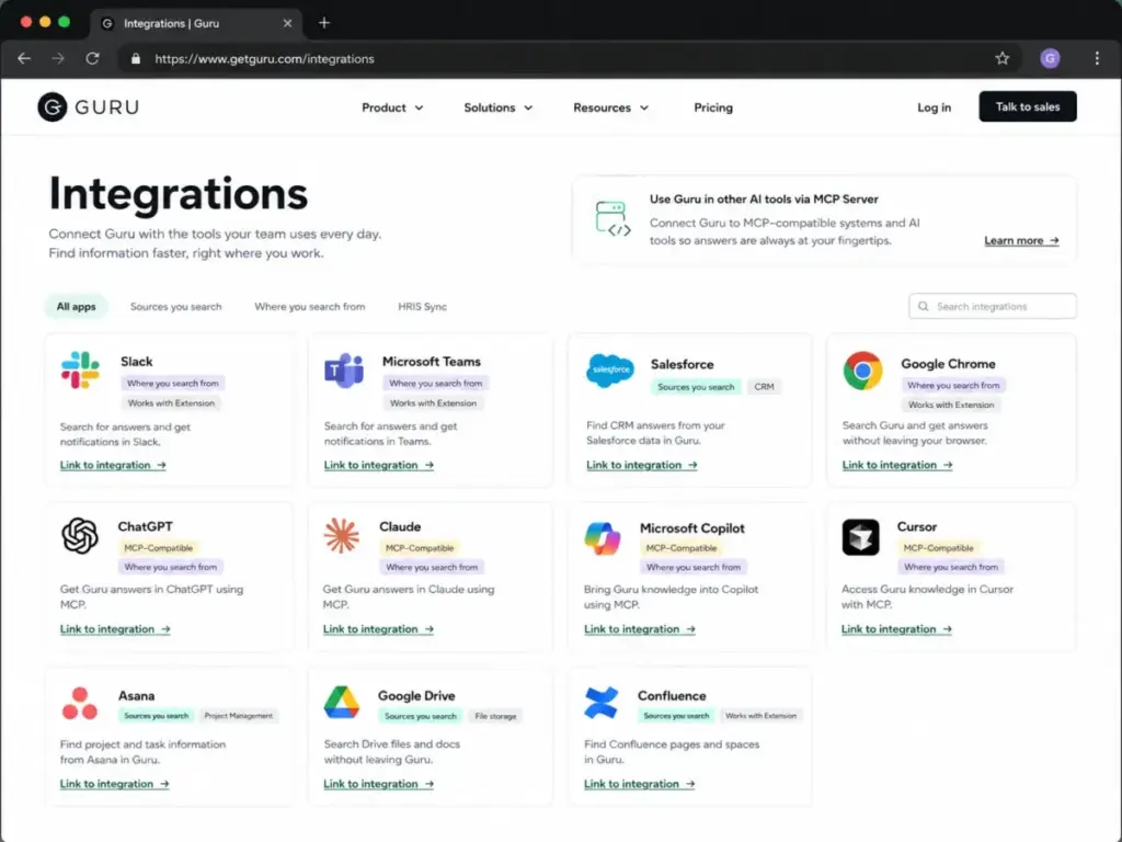 Guru integrations page showing Slack, Microsoft Teams, Salesforce, Google Chrome, ChatGPT, Claude, Microsoft Copilot, Cursor, Asana, Google Drive, and Confluence.
