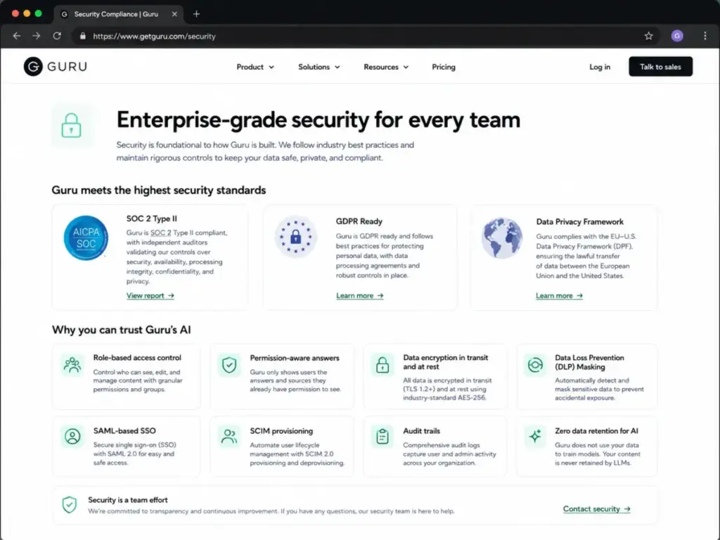 Guru security page showing SOC 2 Type II, GDPR readiness, SSO, SCIM, DLP masking, encryption, permission-aware answers, and audit trails.