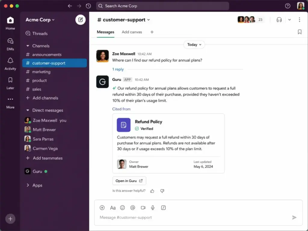Guru Slack integration showing an AI answer with a verified source card, citation, owner, and last updated date inside a customer support channel.