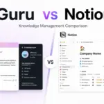 Guru vs Notion comparison image showing Guru AI Knowledge Agents beside a Notion company workspace interface.