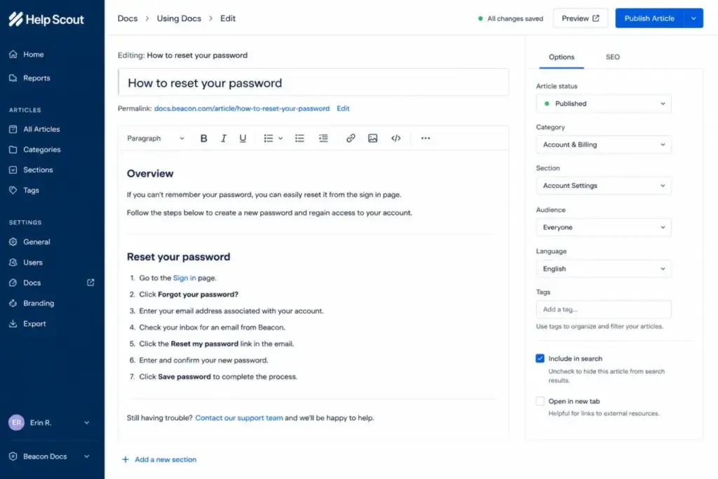 Help Scout Docs-style article editor showing a simple formatting toolbar, article content, category settings, and publish controls