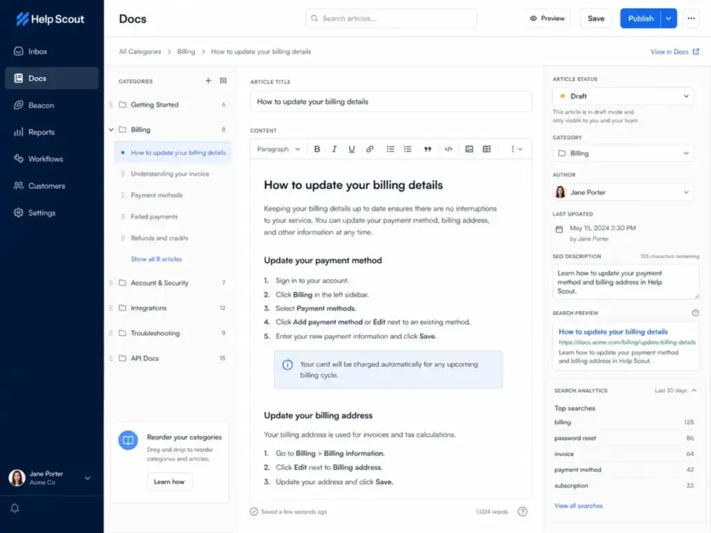 Help Scout Docs knowledge base editor showing article categories, article content editor, search field, and SEO sidebar.